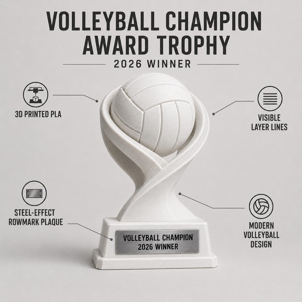 Trofeo Pallavolo Personalizzato in PLA 3D – Volleyball Champion 2026 – Premio Vincitore Torneo con Targhetta Effetto Acciaio