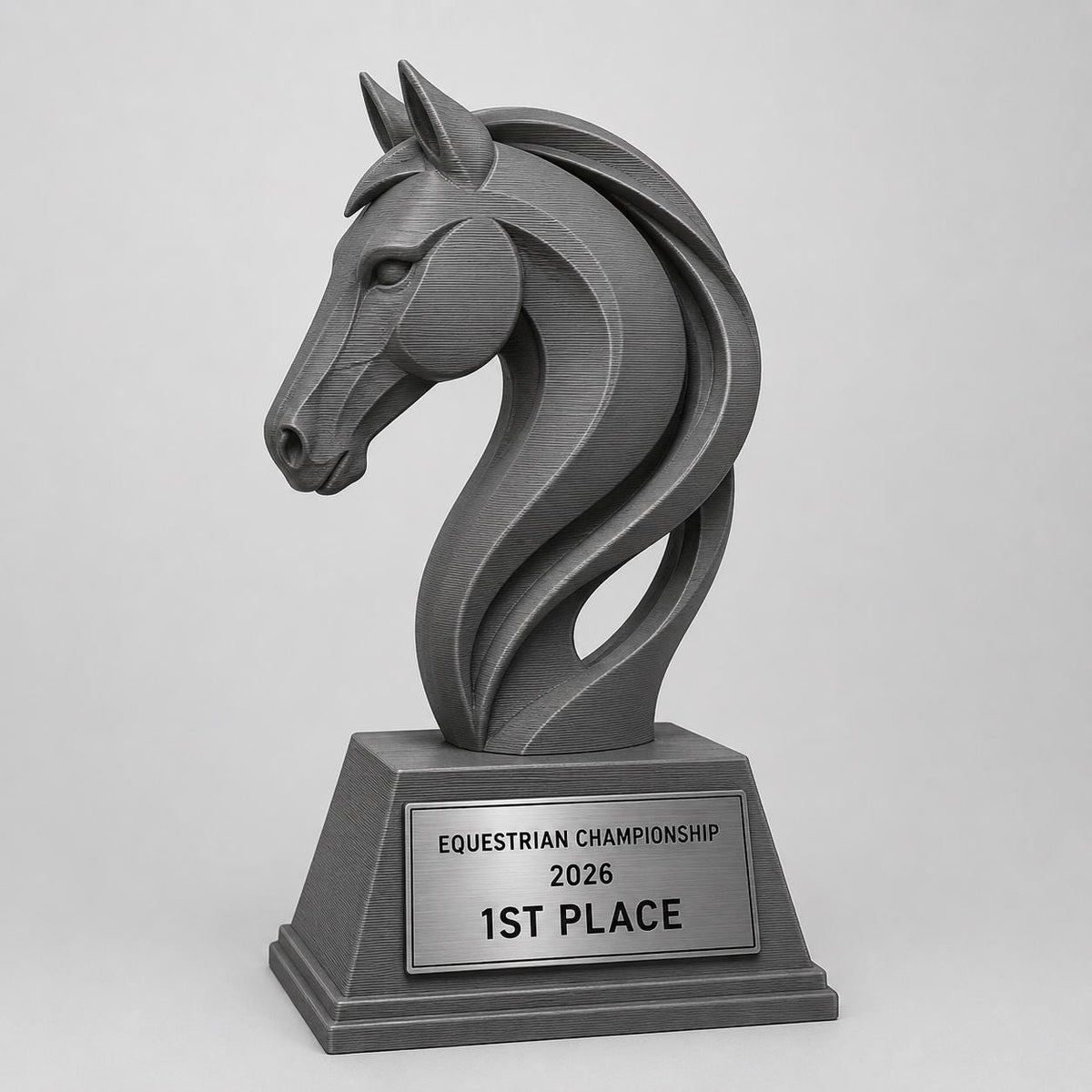 Trofeo equitazione personalizzato in stampa 3D, premio cavallo, equestrian trophy, award ippica, targa ABS effetto acciaio, trofeo pla