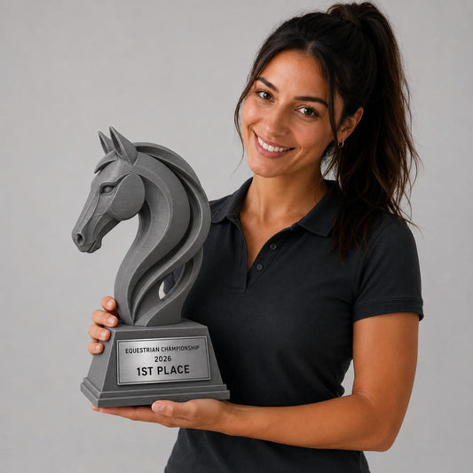 Trofeo equitazione personalizzato in stampa 3D, premio cavallo, equestrian trophy, award ippica, targa ABS effetto acciaio, trofeo pla