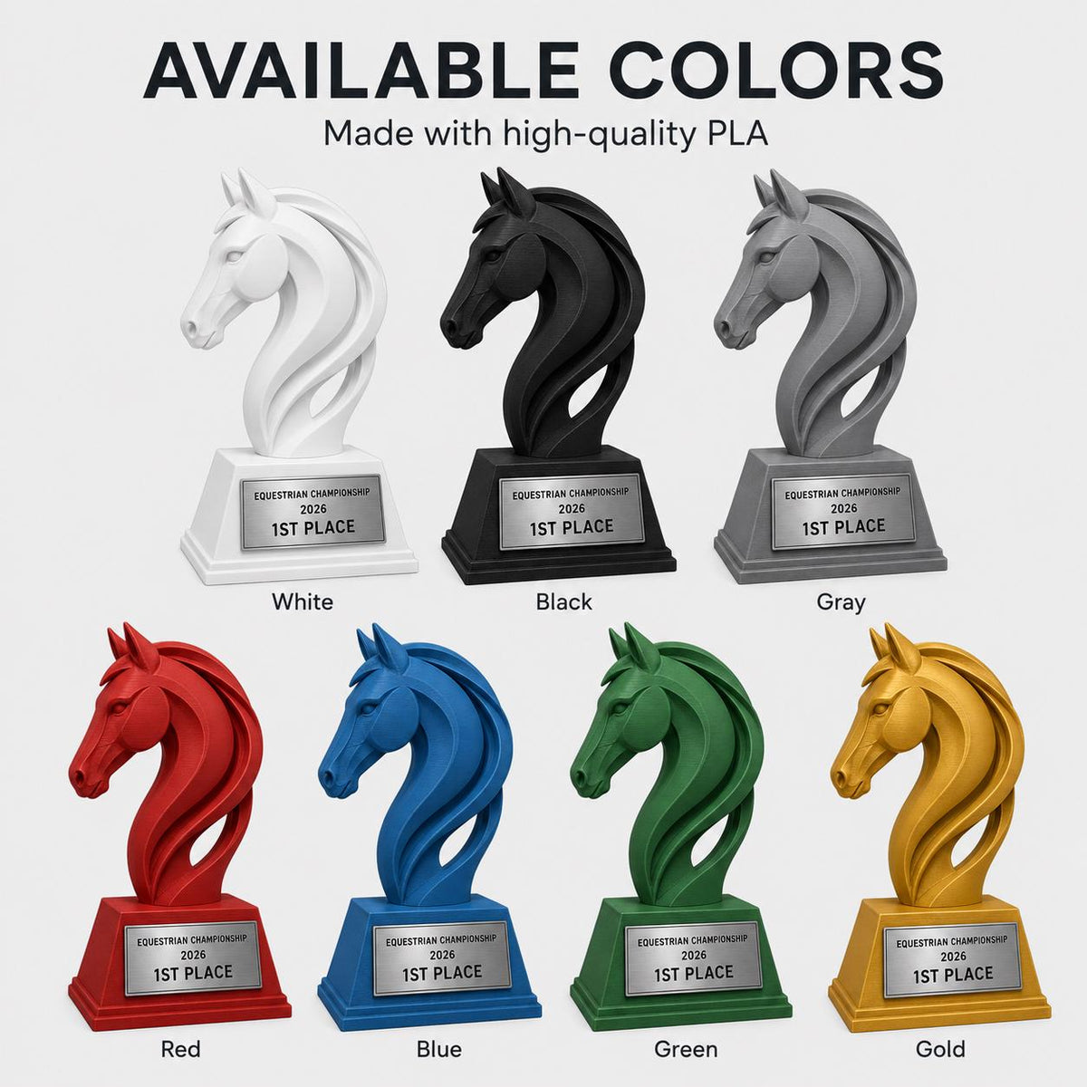 Trofeo equitazione personalizzato in stampa 3D, premio cavallo, equestrian trophy, award ippica, targa ABS effetto acciaio, trofeo pla