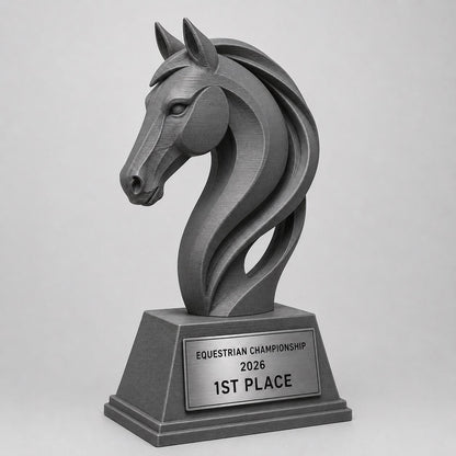 Trofeo equitazione personalizzato in stampa 3D, premio cavallo, equestrian trophy, award ippica, targa ABS effetto acciaio, trofeo pla