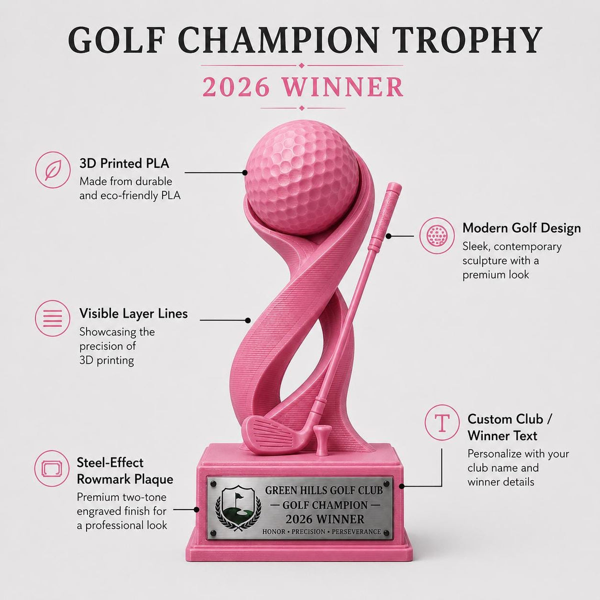 Trofeo Golf Personalizzato Stampa 3D Rosa | Premio Torneo Femminile Design Moderno | Regalo Golfista Placca Incisa Personalizzabile