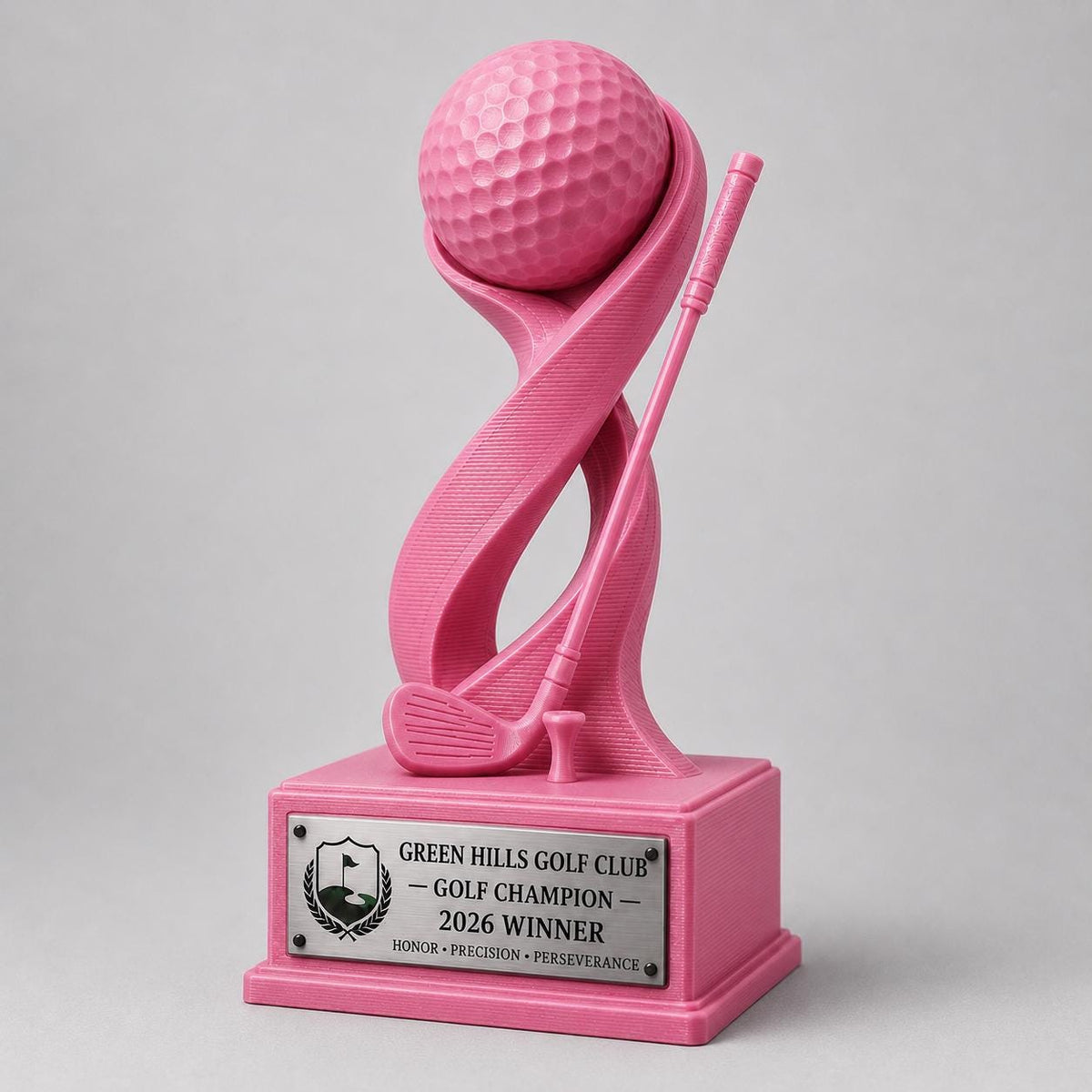 Trofeo Golf Personalizzato Stampa 3D Rosa | Premio Torneo Femminile Design Moderno | Regalo Golfista Placca Incisa Personalizzabile