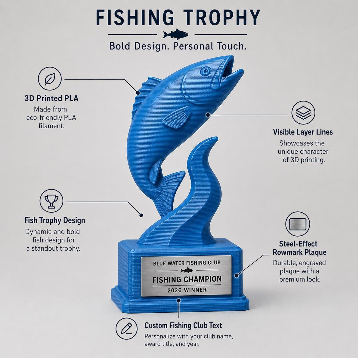 Trofeo Pesca Personalizzato Stampa 3D Blu | Premio Gara Pesca Sportiva Design Moderno | Regalo Pescatore Placca Incisa Personalizzabile