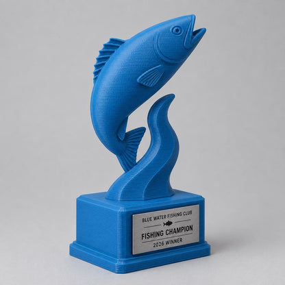 Trofeo Pesca Personalizzato Stampa 3D Blu | Premio Gara Pesca Sportiva Design Moderno | Regalo Pescatore Placca Incisa Personalizzabile