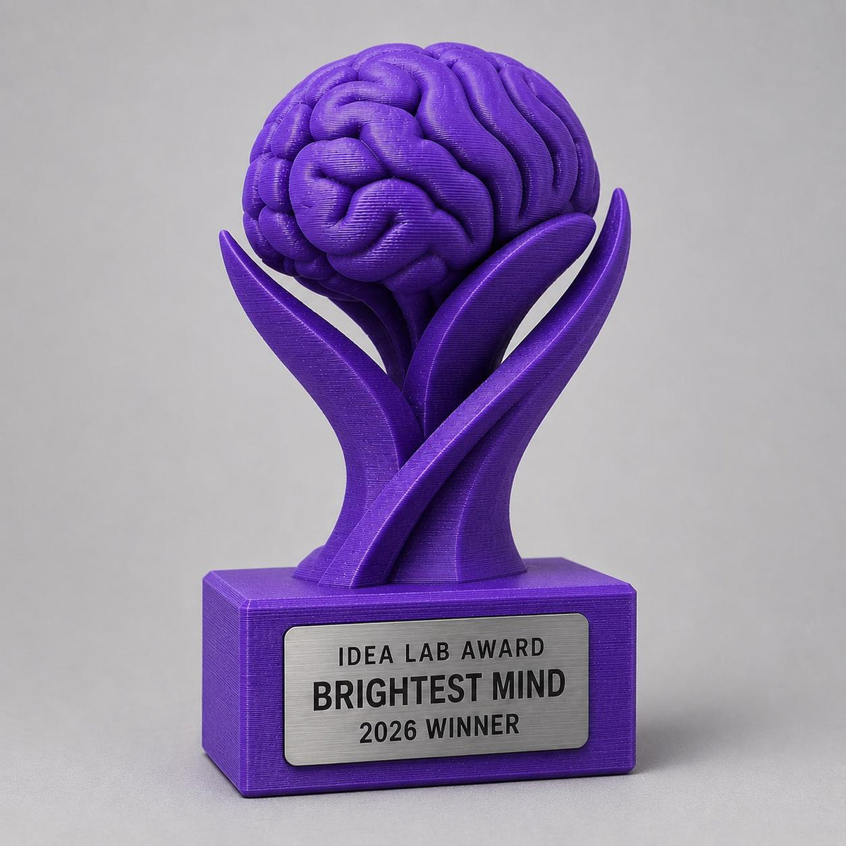 Trofeo Cervello Personalizzato in PLA 3D – Brightest Mind Award 2026 – Premio Migliore Idea con Targhetta Effetto Acciaio