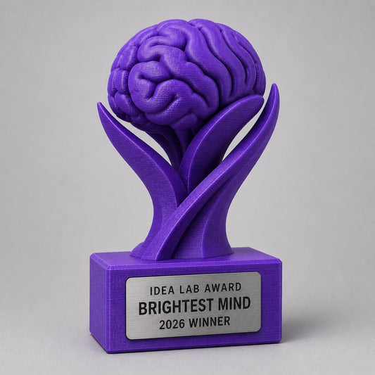 Trofeo Cervello Personalizzato in PLA 3D – Brightest Mind Award 2026 – Premio Migliore Idea con Targhetta Effetto Acciaio