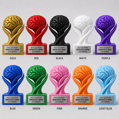 Trofeo Cervello Personalizzato in PLA 3D – Brightest Mind Award 2026 – Premio Migliore Idea con Targhetta Effetto Acciaio