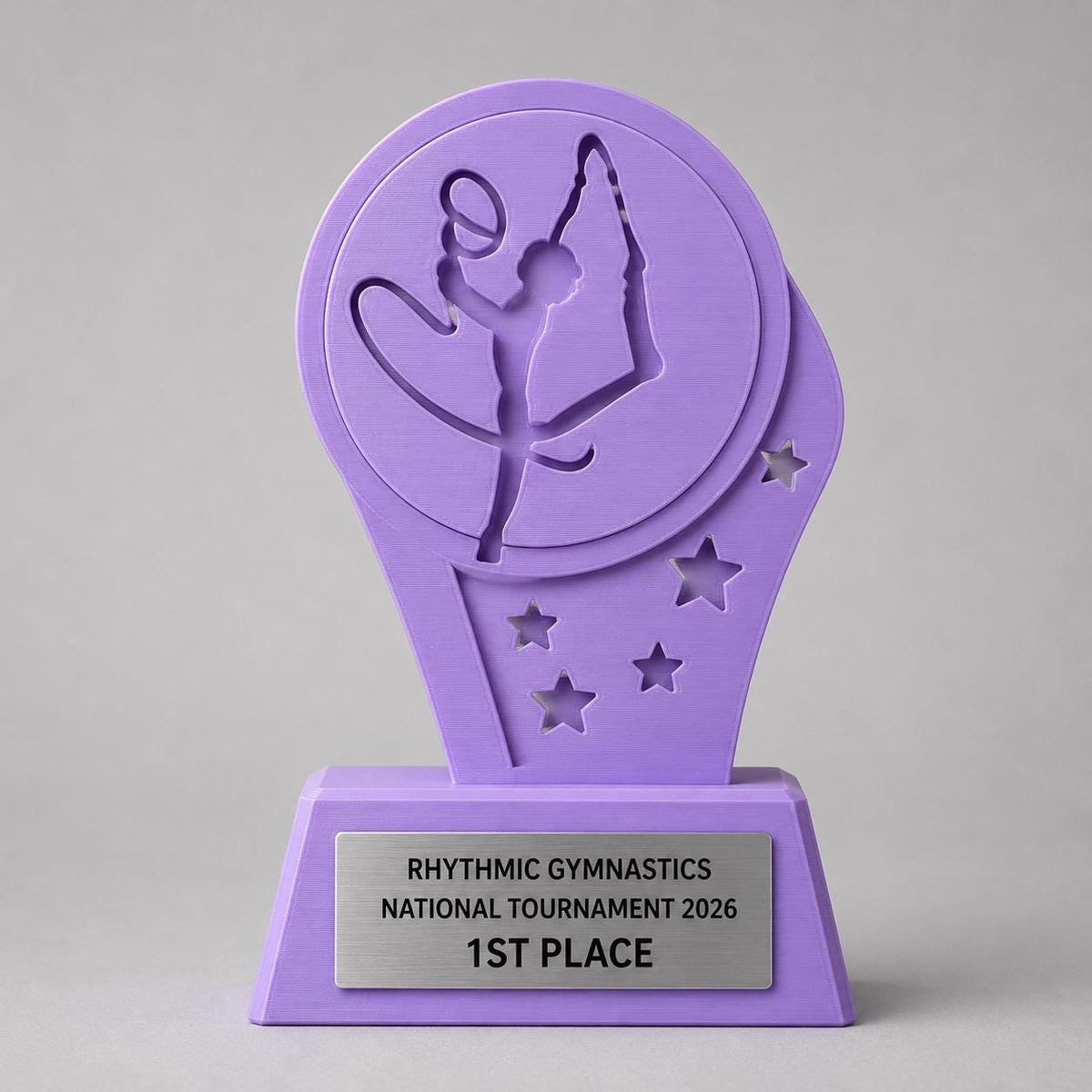 Trofeo Ginnastica Ritmica Personalizzato Stampa 3D Lilla | Premio Gara Ginnasta Design Stelle | Regalo Bambina Placca Incisa
