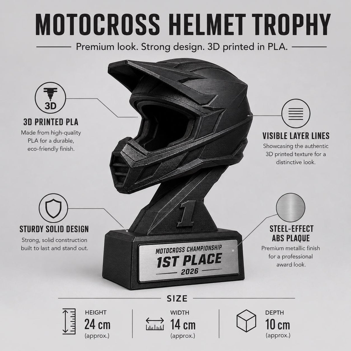 Trofeo Motocross Personalizzato Stampa 3D Nero | Premio Gara Enduro Design Casco | Regalo Pilota Placca Incisa