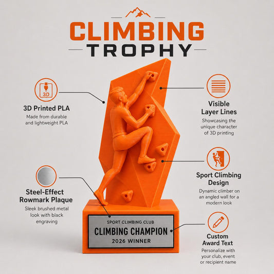 Trofeo Arrampicata Personalizzato Stampa 3D Arancione | Premio Gara Climbing Boulder Design | Regalo Scalatore Placca Incisa