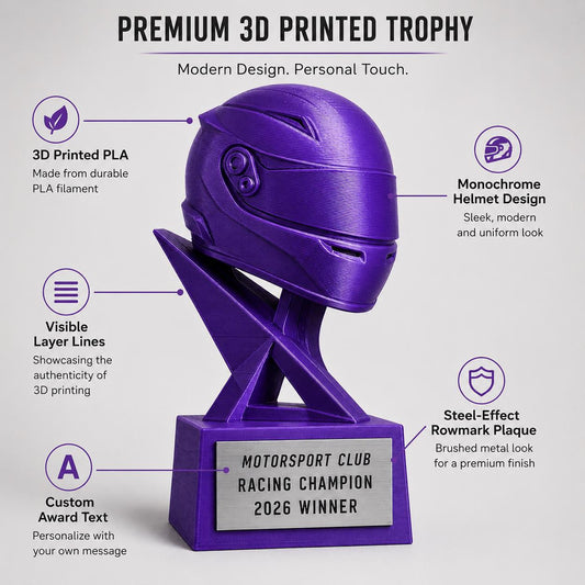 Trofeo Motorsport Personalizzato Stampa 3D Viola | Premio Go-Kart Sim Racing Casco Corsa | Regalo Pilota Placca Incisa Personalizzabile