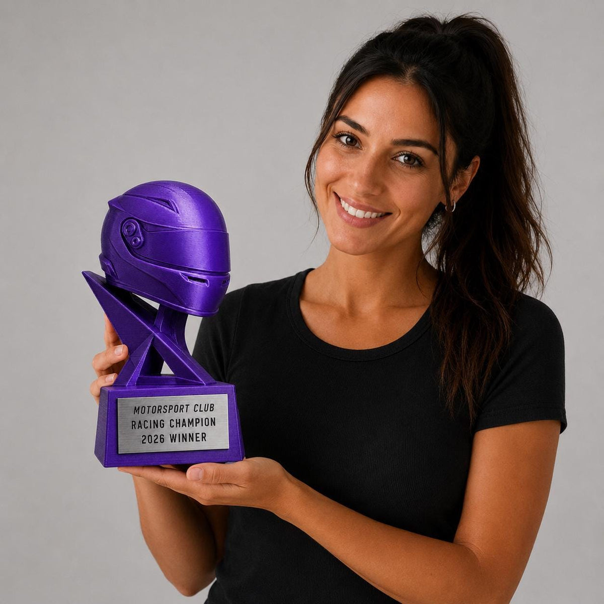 Trofeo Motorsport Personalizzato Stampa 3D Viola | Premio Go-Kart Sim Racing Casco Corsa | Regalo Pilota Placca Incisa Personalizzabile
