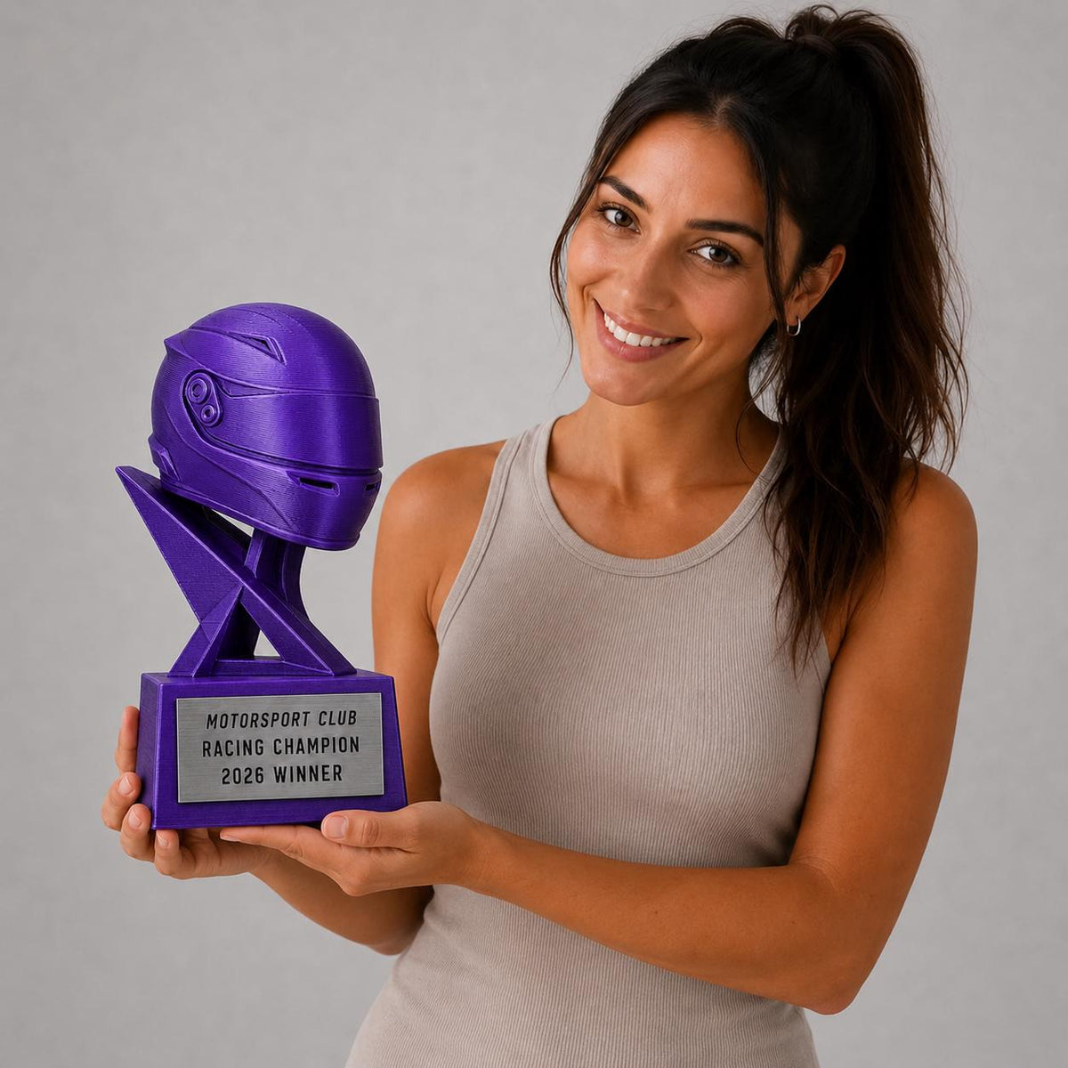 Trofeo Motorsport Personalizzato Stampa 3D Viola | Premio Go-Kart Sim Racing Casco Corsa | Regalo Pilota Placca Incisa Personalizzabile