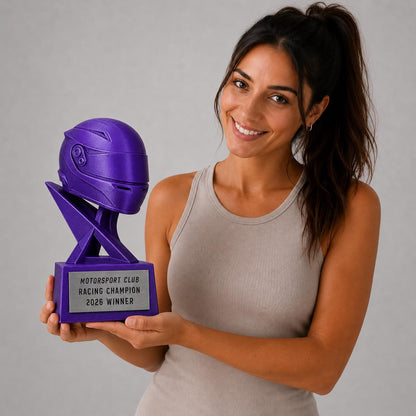 Trofeo Motorsport Personalizzato Stampa 3D Viola | Premio Go-Kart Sim Racing Casco Corsa | Regalo Pilota Placca Incisa Personalizzabile