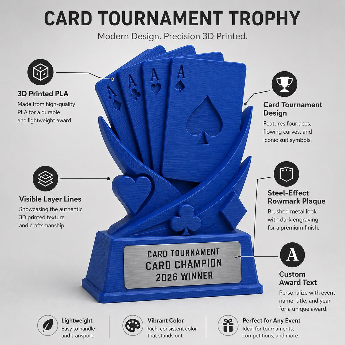 Trofeo Carte Personalizzato Stampa 3D Blu | Premio Torneo Poker Burraco Design Assi | Regalo Giocatore Placca Incisa Personalizzabile