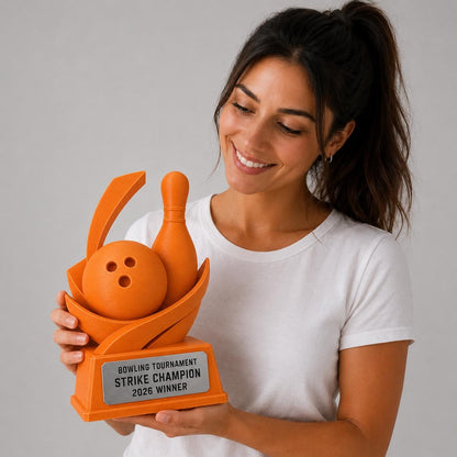 Trofeo Bowling Personalizzato Stampa 3D Arancione | Premio Torneo Bowling Strike Design Birillo | Regalo Giocatore Placca Incisa