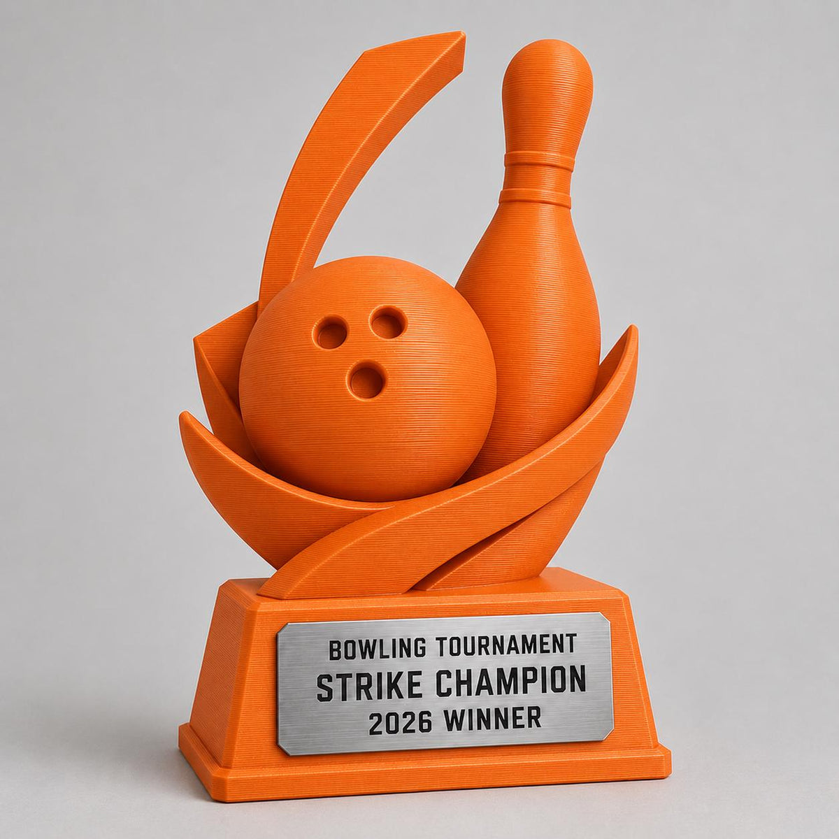 Trofeo Bowling Personalizzato Stampa 3D Arancione | Premio Torneo Bowling Strike Design Birillo | Regalo Giocatore Placca Incisa