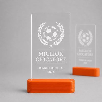 Trofeo personalizzato in plexiglass inciso, premio con logo su base PLA 3D, targa award per sport eventi aziende