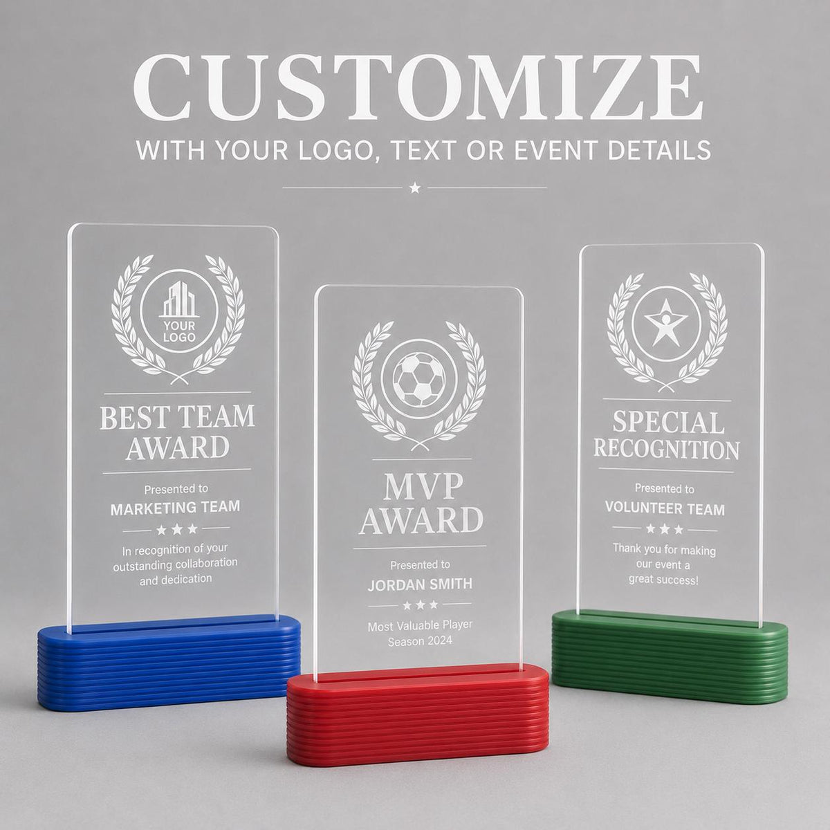 Trofeo personalizzato in plexiglass inciso, premio con logo su base PLA 3D, targa award per sport eventi aziende