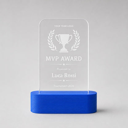 Trofeo sportivo personalizzato in plexiglass inciso, premio MVP con logo squadra, award torneo con base PLA 3D