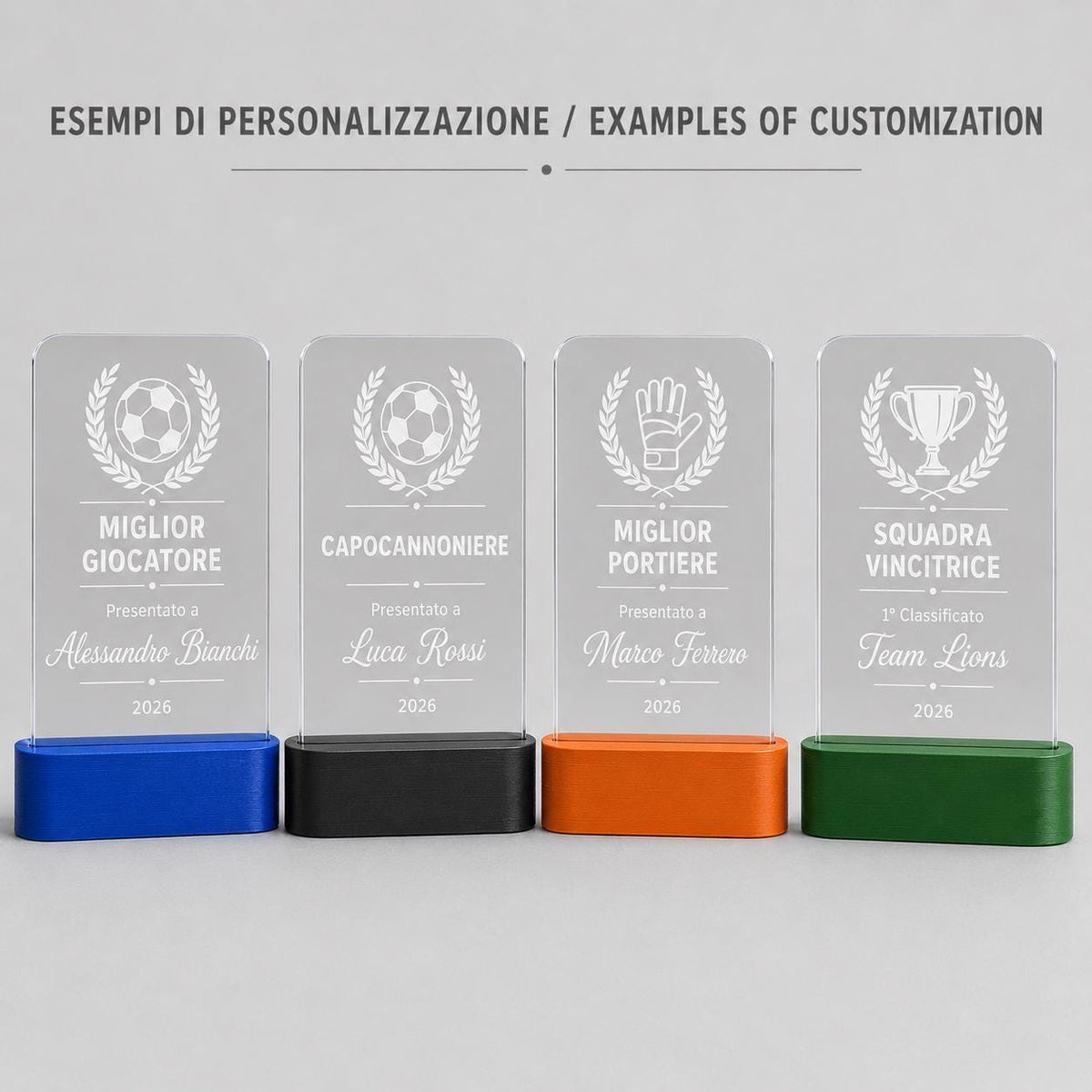 Trofeo calcio personalizzato in plexiglass inciso, premio miglior giocatore MVP con logo squadra, base PLA 3D