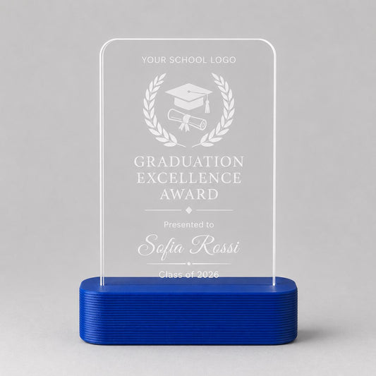 Trofeo laurea personalizzato in plexiglass inciso, premio scuola con nome e logo, award studenti base PLA 3D