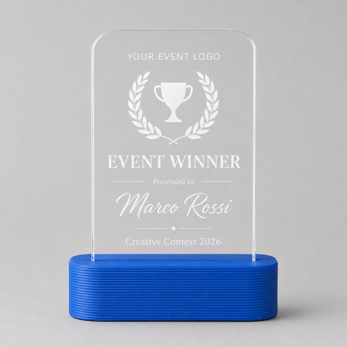 Trofeo evento personalizzato in plexiglass inciso, premio contest concorso con logo, award vincitore base PLA 3D