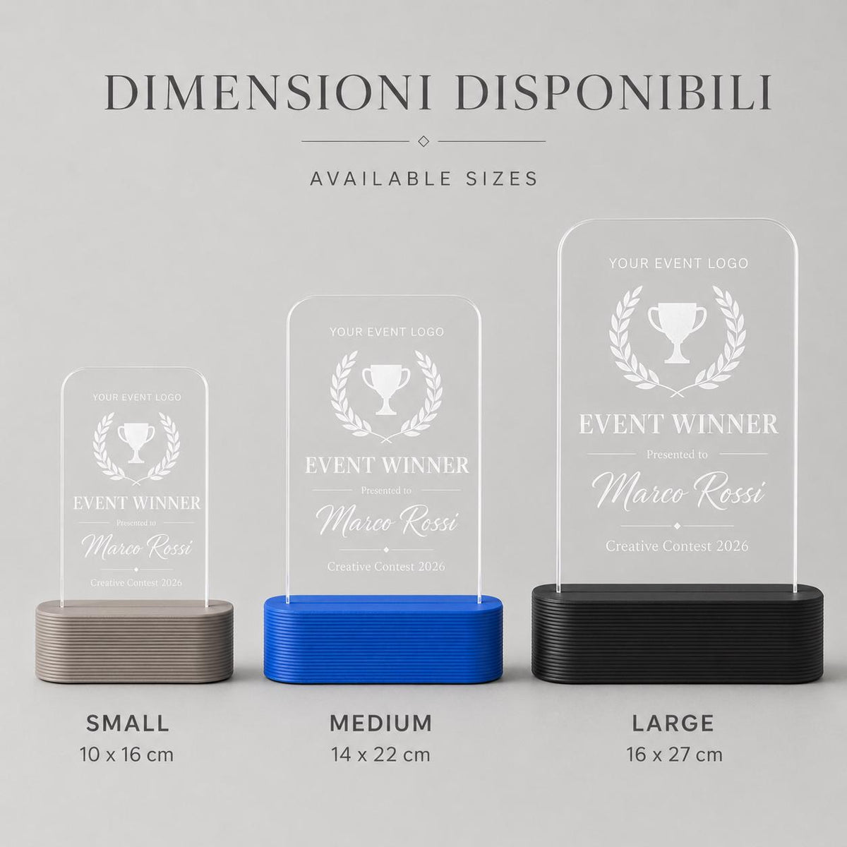 Trofeo evento personalizzato in plexiglass inciso, premio contest concorso con logo, award vincitore base PLA 3D