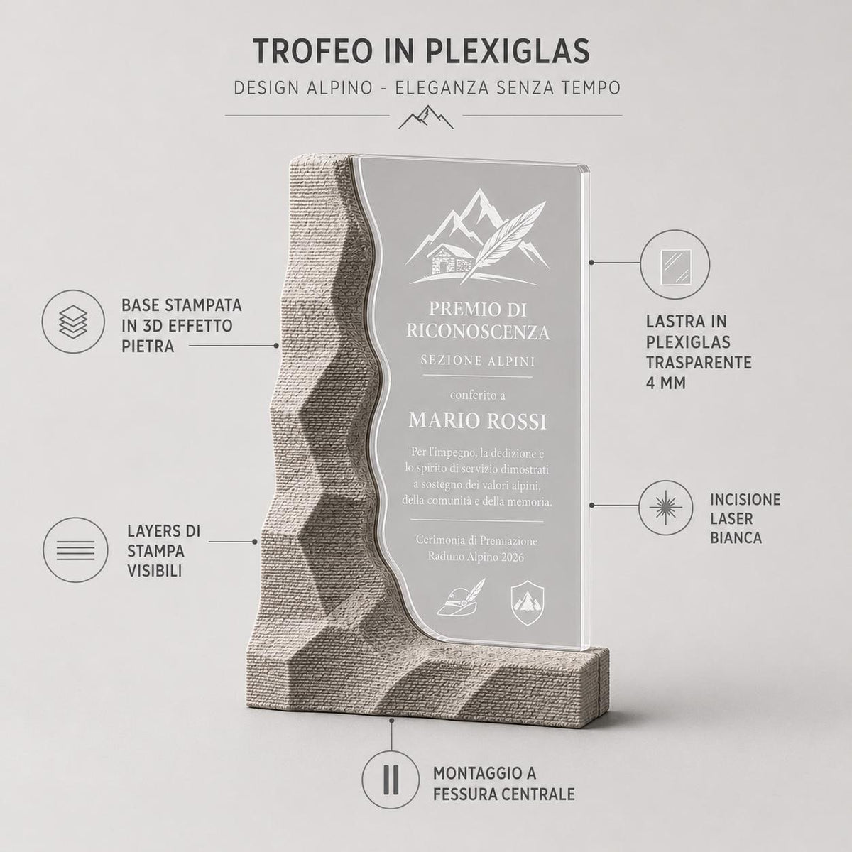 Trofeo Alpini Personalizzato in Plexiglass e PLA Effetto Pietra, Premio di Riconoscimento Montagna Inciso a Laser, Regalo Raduno Alpino 2026