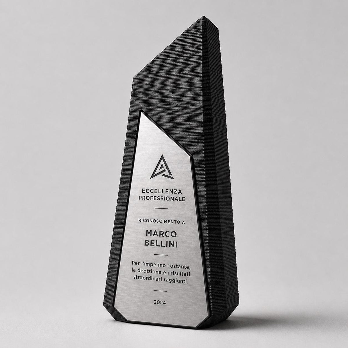 Trofeo Aziendale Personalizzato in Stampa 3D e abs Effetto Acciaio | Premio di Riconoscimento Geometrico Moderno Inciso Laser | Targa Premio