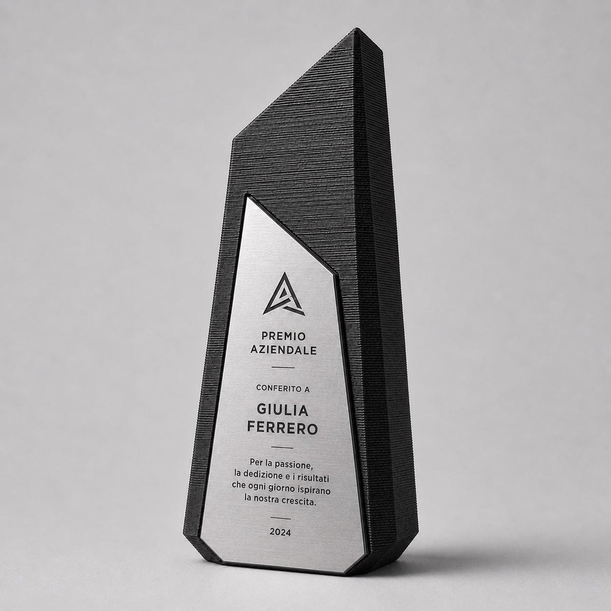Trofeo Aziendale Personalizzato in Stampa 3D e abs Effetto Acciaio | Premio di Riconoscimento Geometrico Moderno Inciso Laser | Targa Premio