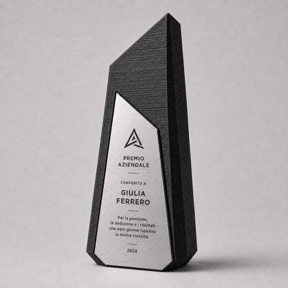 Trofeo Aziendale Personalizzato in Stampa 3D e abs Effetto Acciaio | Premio di Riconoscimento Geometrico Moderno Inciso Laser | Targa Premio