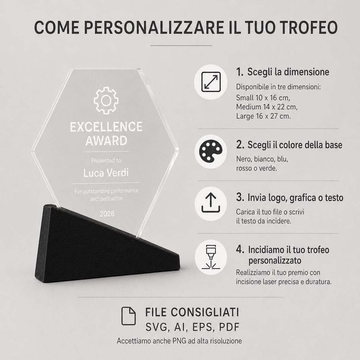 Premio esagonale inciso su plexiglas personalizzato, design personalizzato, targa moderna in plexiglas, personalizzabile logo targa premio