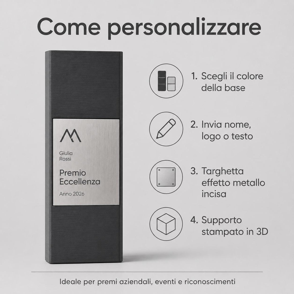 Premio eccellenza Minimalista in Stampa 3D e Acciaio Spazzolato | Trofeo di Riconoscimento Personalizzato Moderno | Premio Leadership