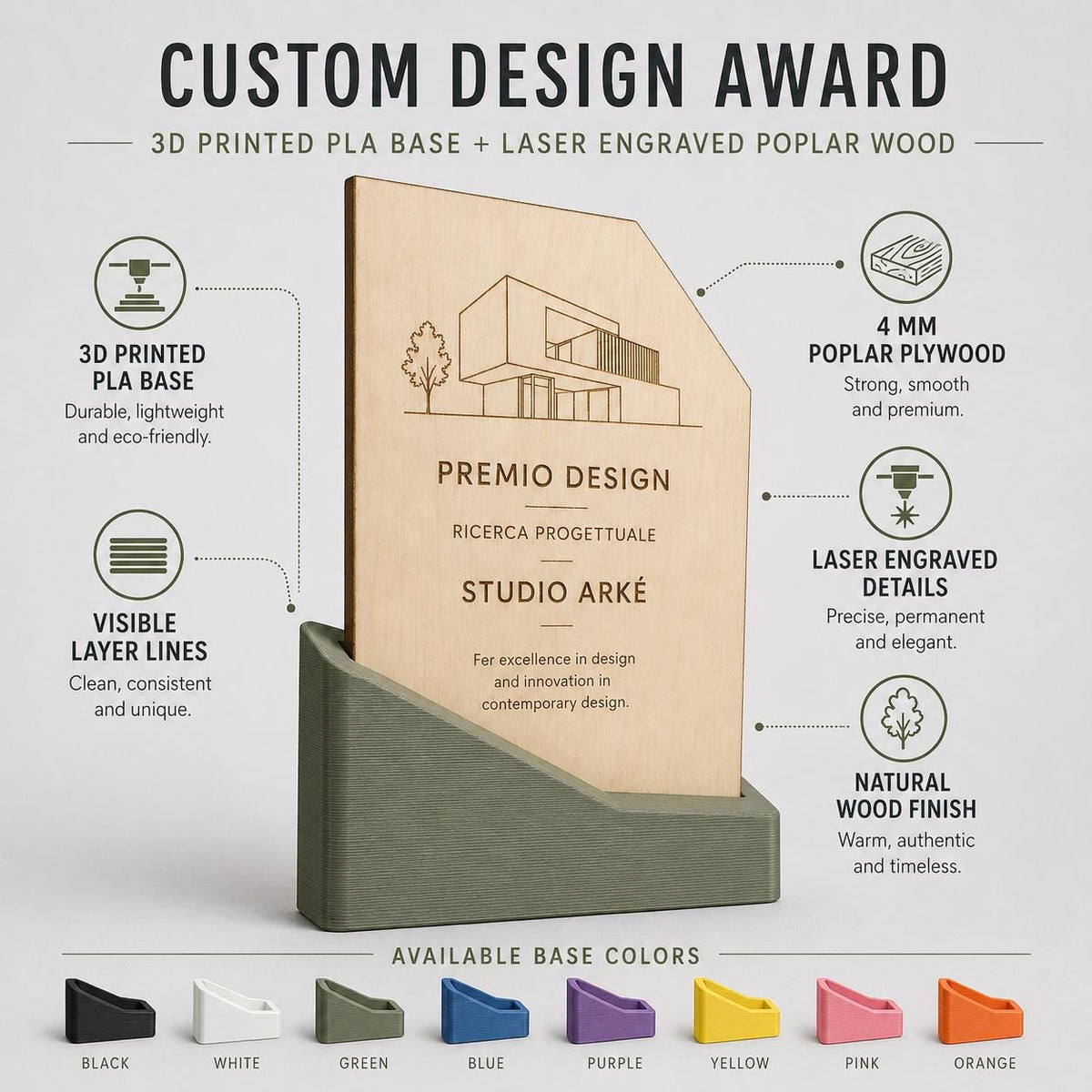 Premio ecologico in legno colorato inciso personalizzato, design personalizzato, targa moderna in legno, personalizzabile targa