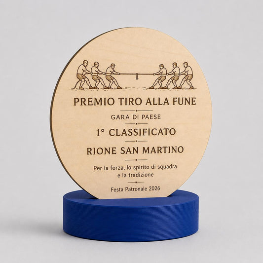Trofeo in Legno Tondo Personalizzato con Base Stampa 3D, Targa Premiazione Incisa a Laser, Premio Sportivo Eventi e Gare di Paese