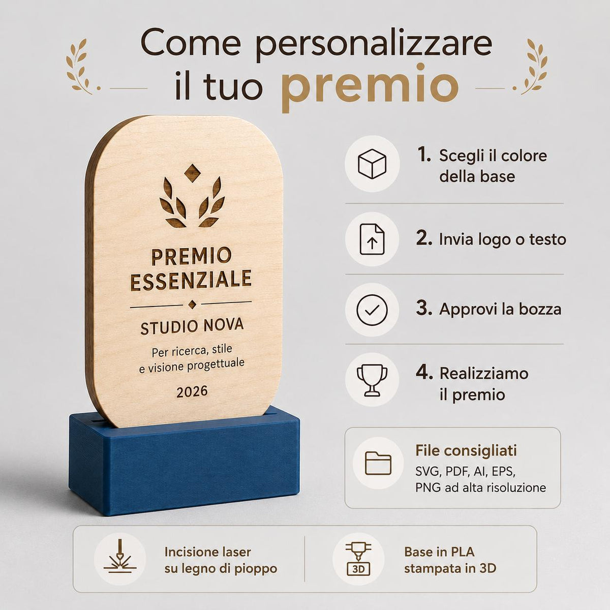 Premio ecologico in legno colorato inciso personalizzato, design personalizzato, targa moderna in legno, personalizzabile targa
