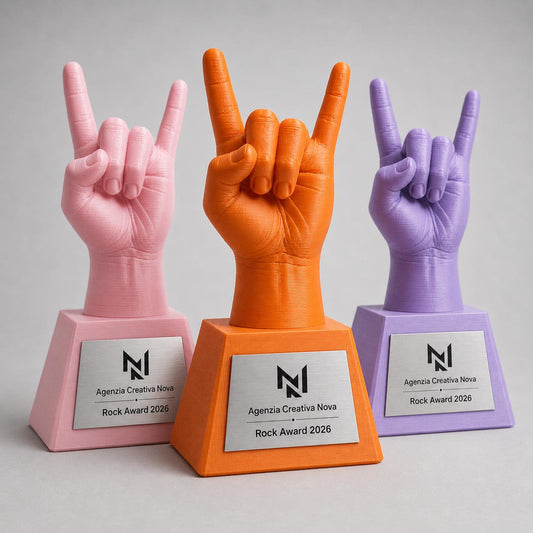 Trofeo Corna Rock Personalizzato Stampa 3D, Premio Agenzia Creativa e Musica, Targa Acciaio Incisa a Laser Rock Award e Contest