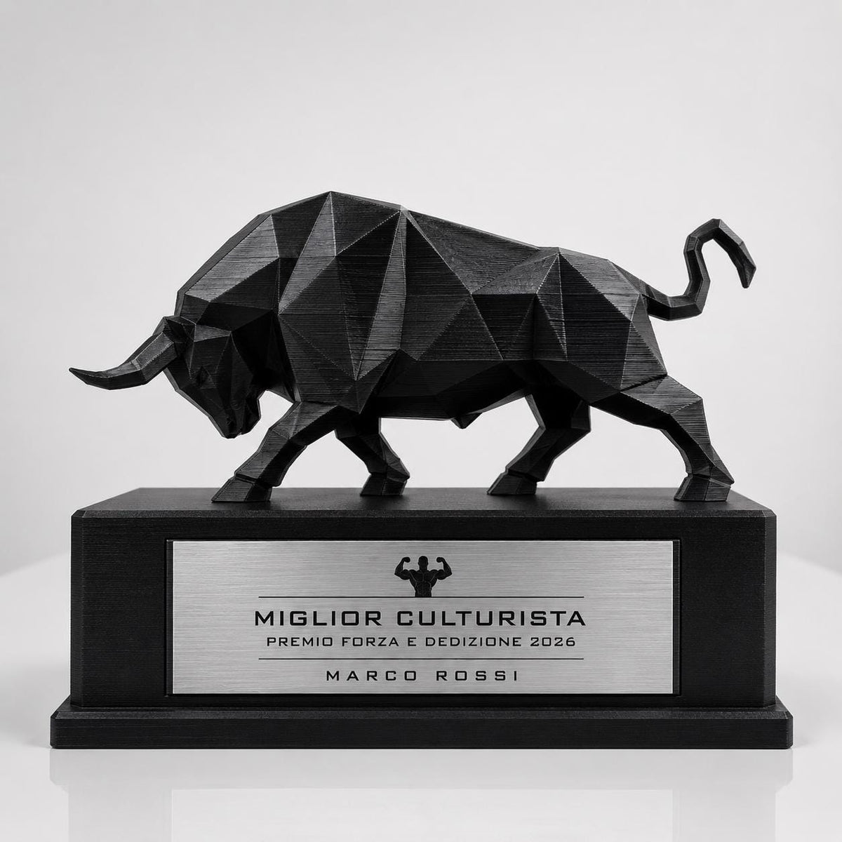 Trofeo Culturismo Toro 3D Personalizzato, Premio Miglior Culturista in PLA con Targhetta Acciaio Incisa