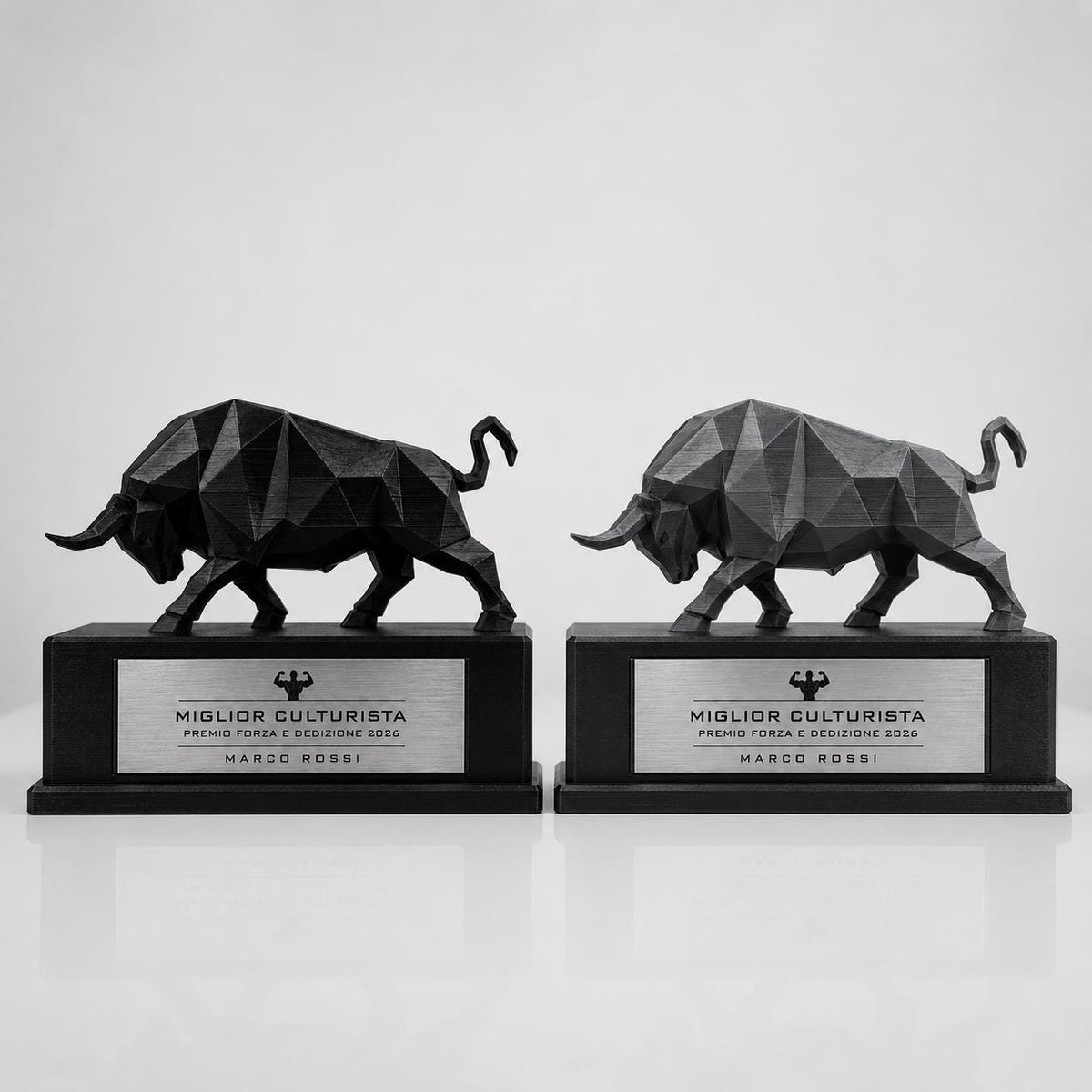 Trofeo Culturismo Toro 3D Personalizzato, Premio Miglior Culturista in PLA con Targhetta Acciaio Incisa