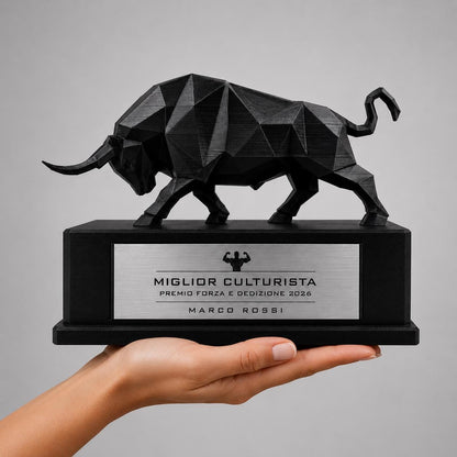 Trofeo Culturismo Toro 3D Personalizzato, Premio Miglior Culturista in PLA con Targhetta Acciaio Incisa