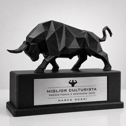 Trofeo Culturismo Toro 3D Personalizzato, Premio Miglior Culturista in PLA con Targhetta Acciaio Incisa