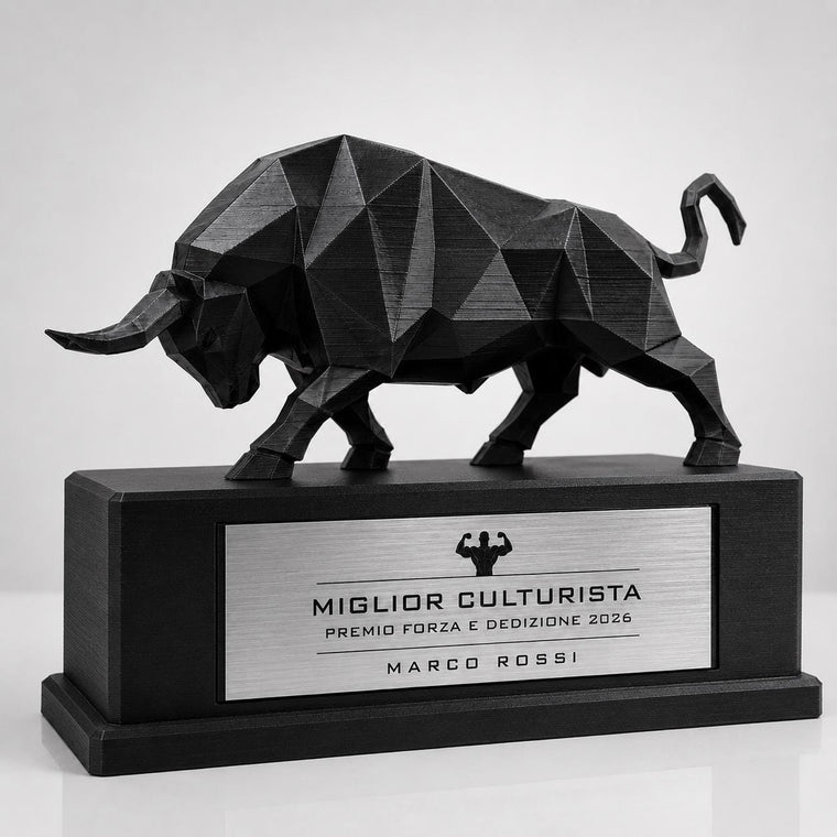 Trofeo Culturismo Toro 3D Personalizzato, Premio Miglior Culturista in PLA con Targhetta Acciaio Incisa