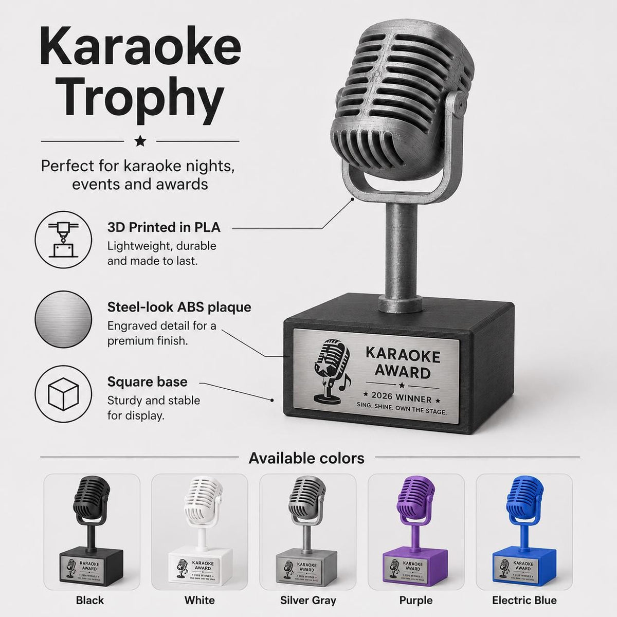 Trofeo Microfono Vintage Personalizzato Stampa 3D, Premio Karaoke Award e Contest Canoro, Targa Acciaio Incisa a Laser Musica e Canto