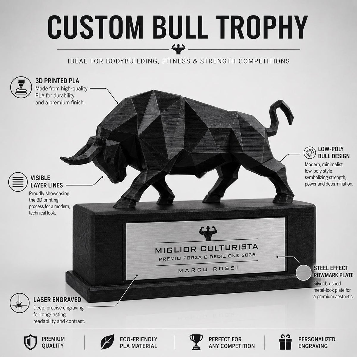 Trofeo Culturismo Toro 3D Personalizzato, Premio Miglior Culturista in PLA con Targhetta Acciaio Incisa