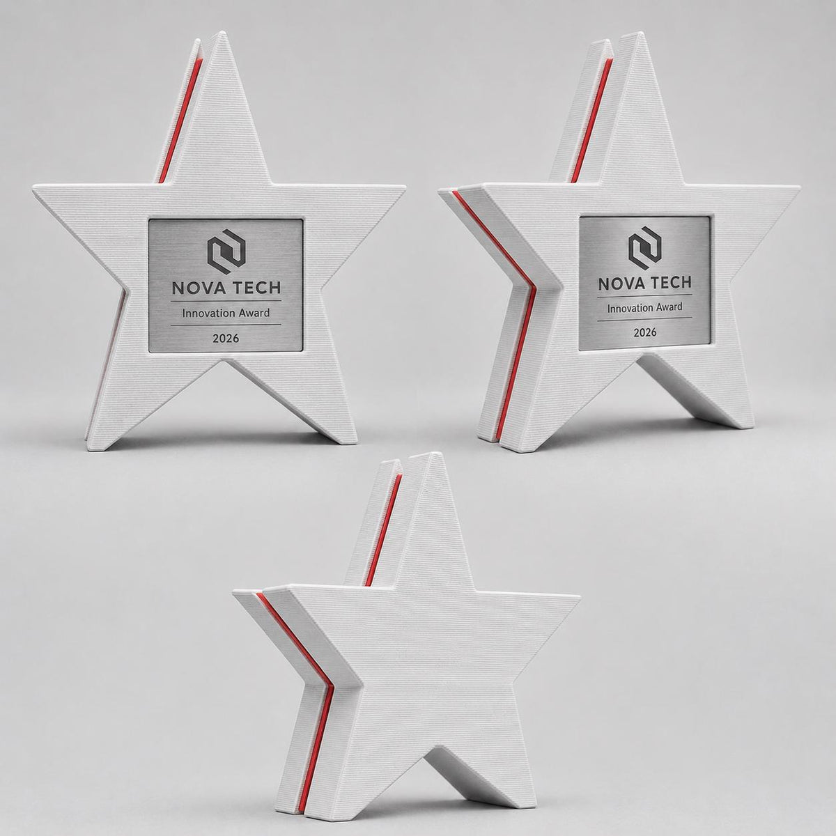 Trofeo Stella Personalizzato Stampa 3D Bianco e Rosso, Premio Aziendale Innovation Excellence, Targa Acciaio abs Incisa a Laser per Eventi