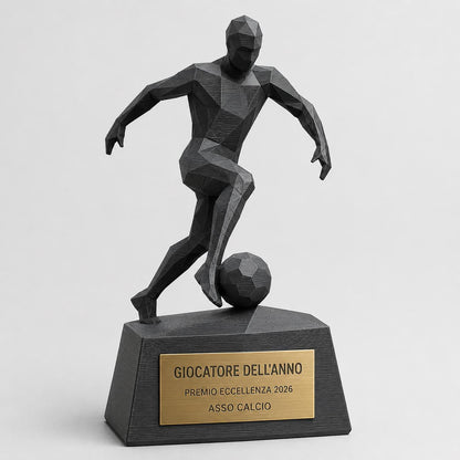 Trofeo Calcio Personalizzato Stampa 3D Rosso, Premio Giocatore dell'Anno in Stile Geometrico Low-Poly, Targa Acciaio Incisa a Laser
