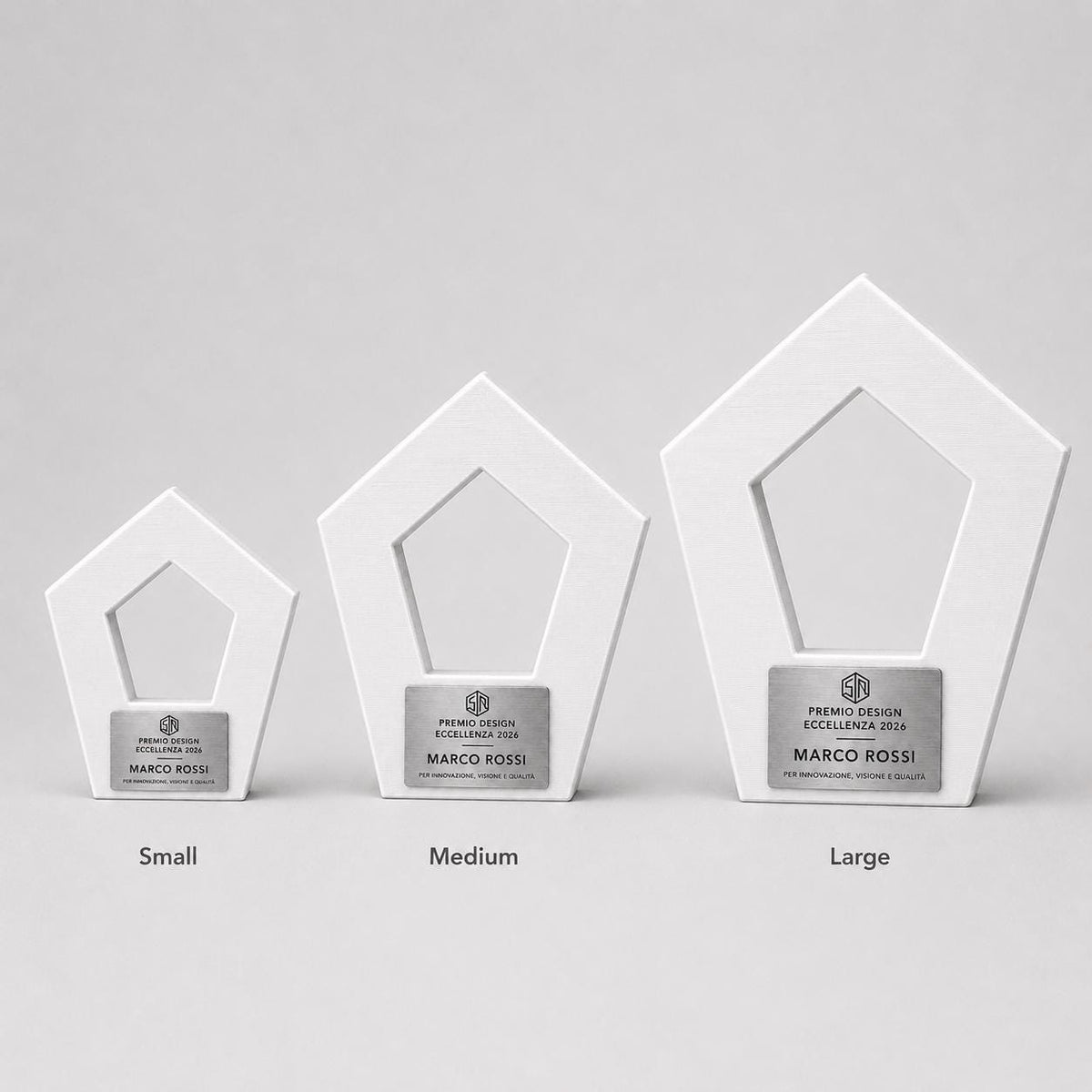 Trofeo Geometrico Pentagonale Stampa 3D Bianco, Premio Design ed Eccellenza Aziendale, Targa Acciaio Incisa a Laser Architettura e Ufficio