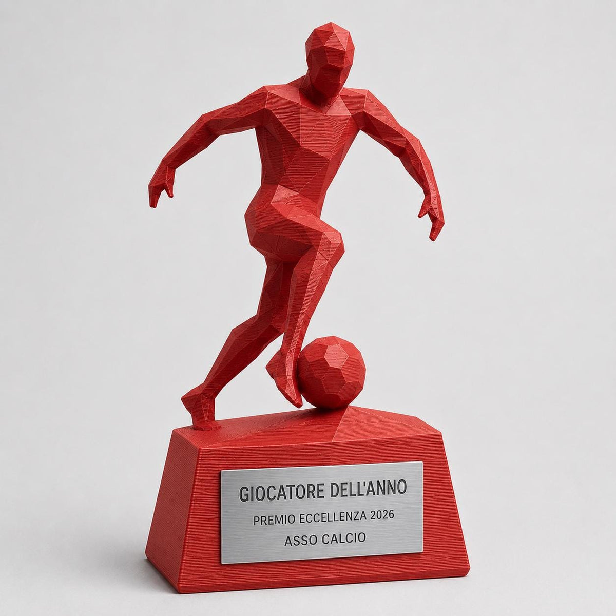 Trofeo Calcio Personalizzato Stampa 3D Rosso, Premio Giocatore dell'Anno in Stile Geometrico Low-Poly, Targa Acciaio Incisa a Laser